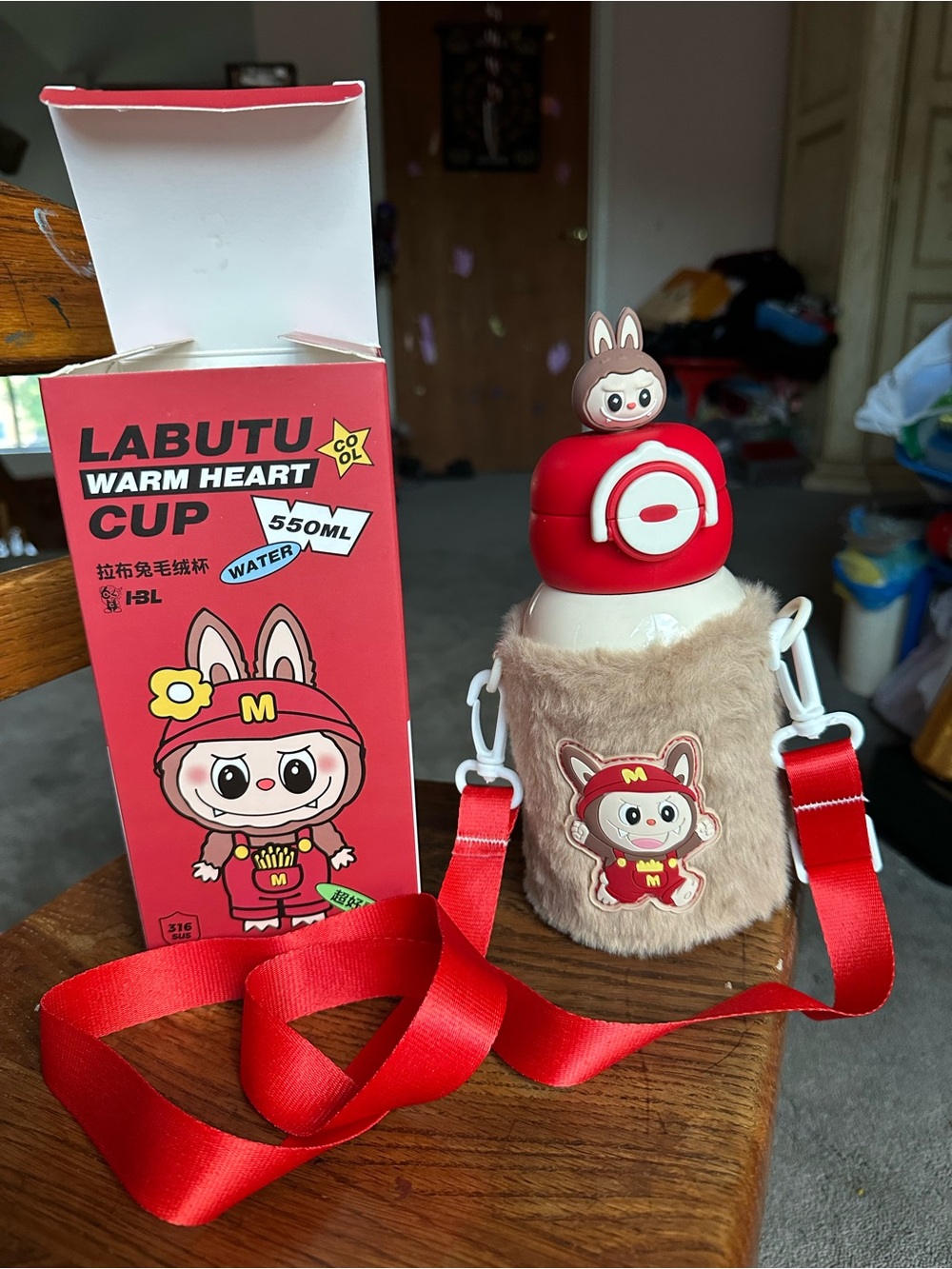 LABUTU Red Stainless WATER Bottle Cup with Fur Sleeve‼️LATEST‼️Very CUTE